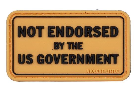 Violent Little Machine Shop Not Endorsed by The U.S. Government Morale Patch features a yellow background with black text